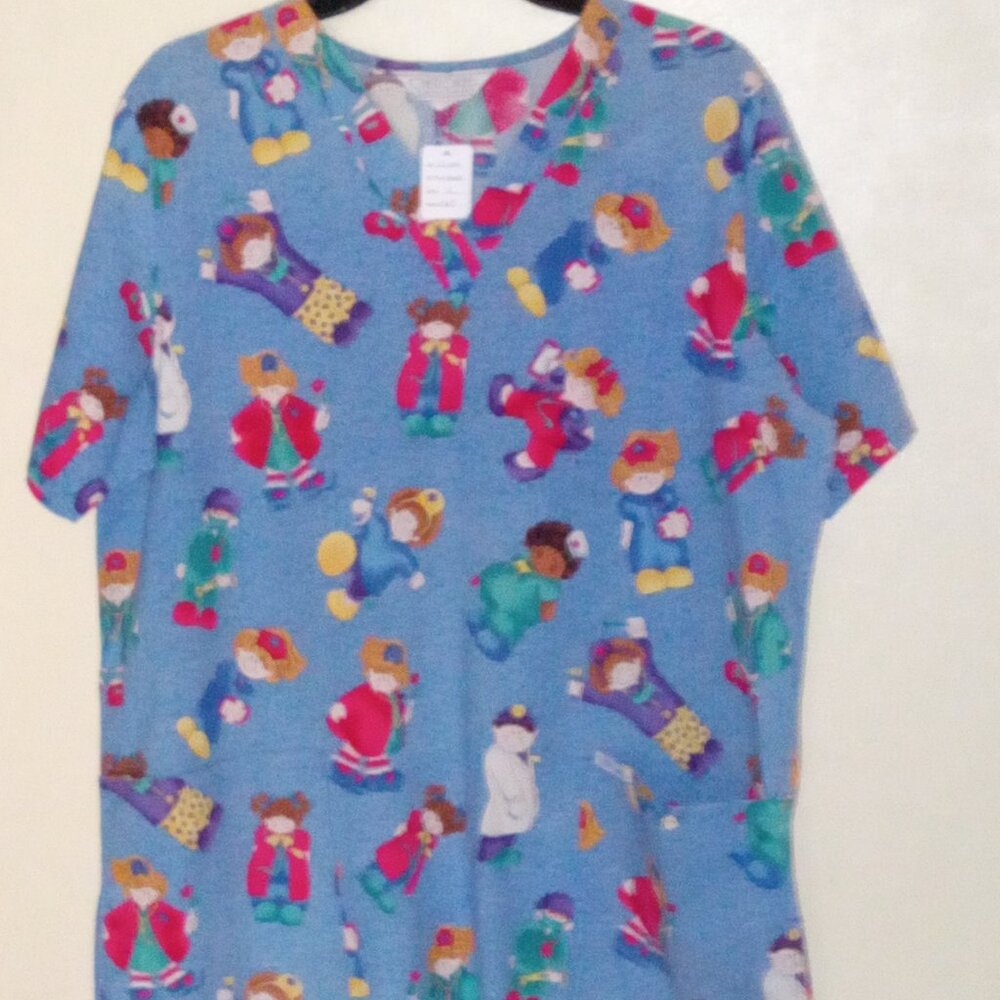 Cherokee Nurse/Doctor Doll Design Blue Multicolor L Scrub Top